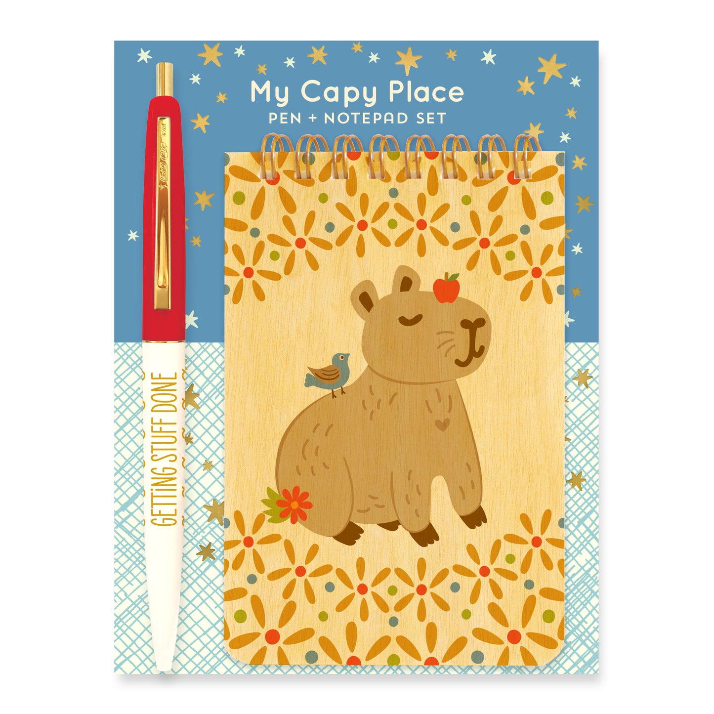 Gift Set that includes a Capybara Wood Mini Notepad + Getting Stuff Done ballpoint pen mounted on a blue backer card with white and gold foil stars.