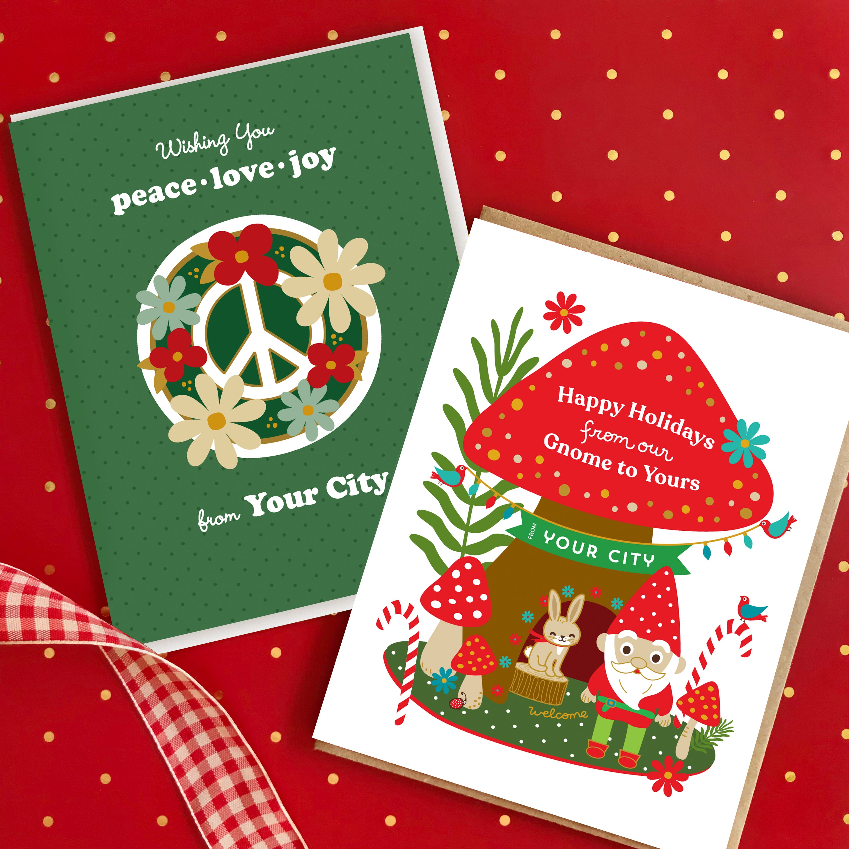 Two customizable Holiday cards on a red background with a checkered ribbon.