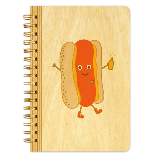 Spiral-bound wood notebook with birch wood covers featuring a cheerful hot dog in a bun, holding a bottle of mustard and wearing sneakers.