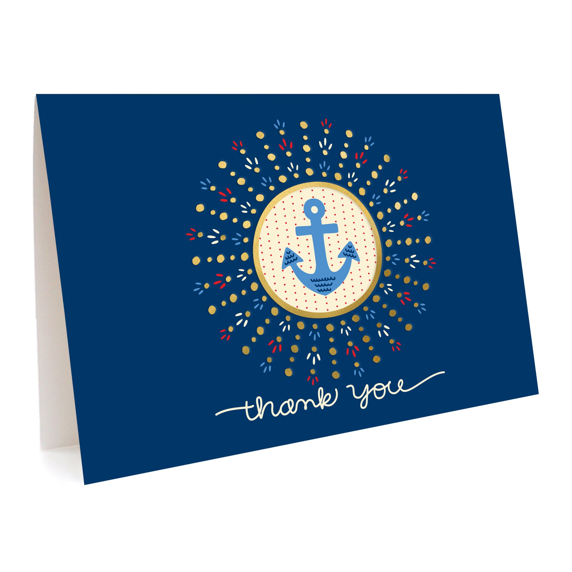 Blue folded greeting card with nautical anchor illustration and gold foil accents. Text reads 'Thank You'.