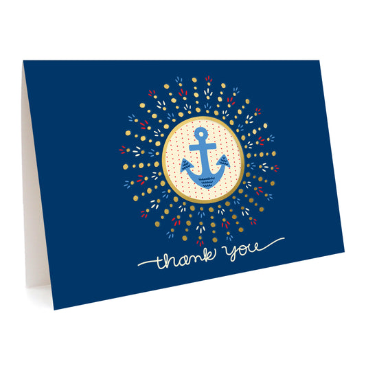 Blue folded greeting card with nautical anchor illustration and gold foil accents. Text reads 'Thank You'.