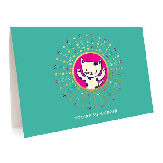 Greeting card with a cat illustration and gold foil accents on a teal background Text reads 'You're Supurrrrr'