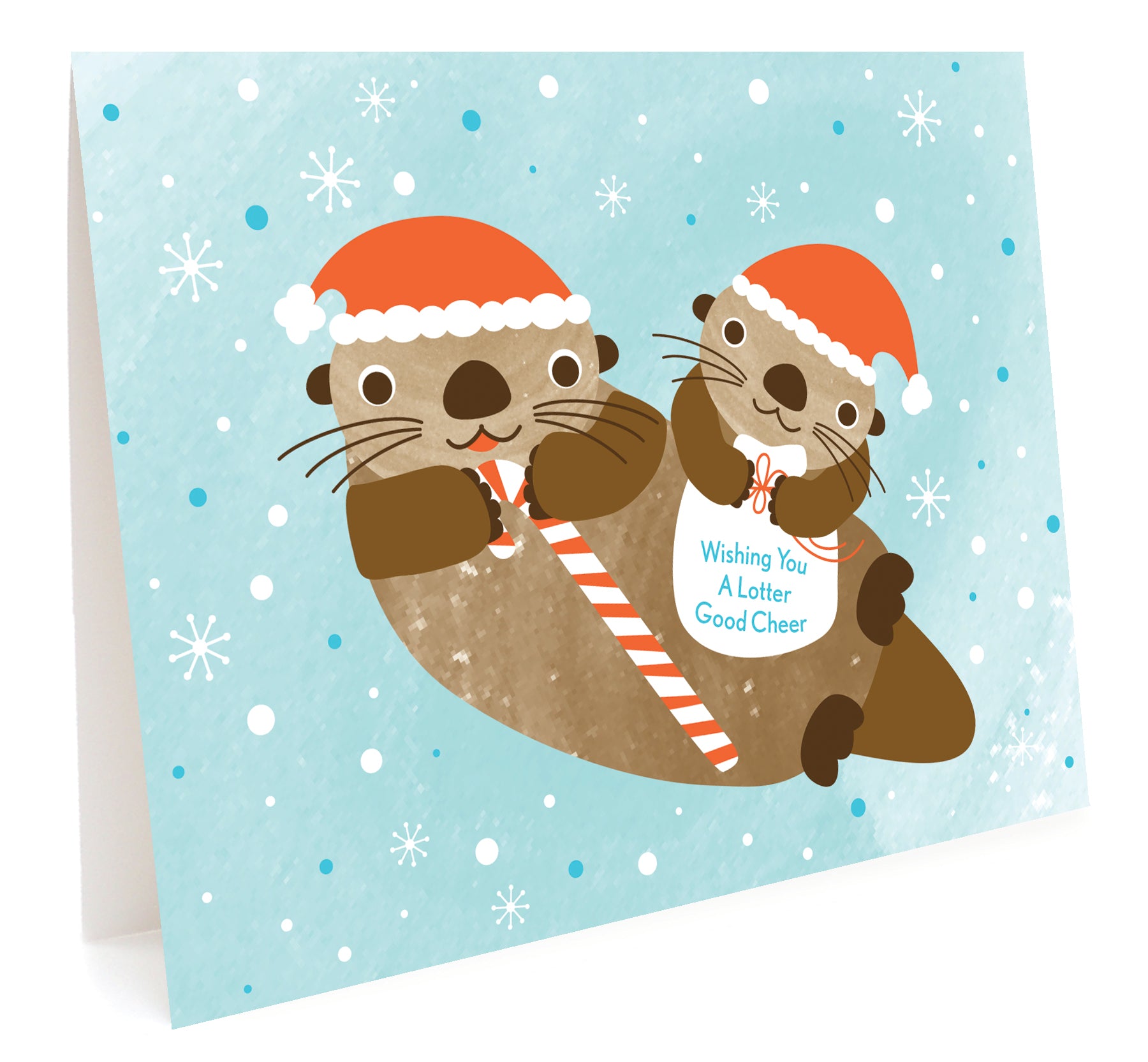 Holiday card with two otters wearing Santa hats and holding candy canes text reads 'Wishing you a lotter good cheer'