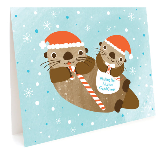 Holiday card with two otters wearing Santa hats and holding candy canes text reads 'Wishing you a lotter good cheer'