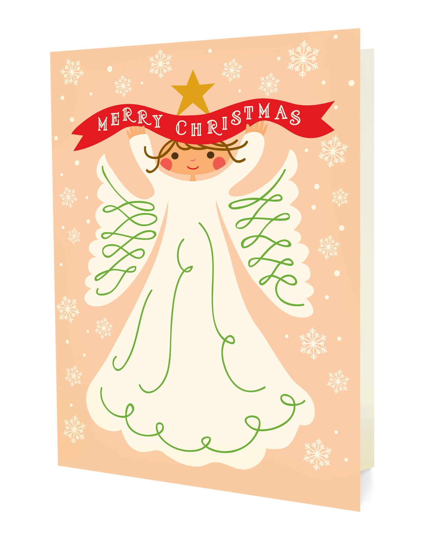 Christmas card with an angel design and 'Merry Christmas' banner on a pink background.