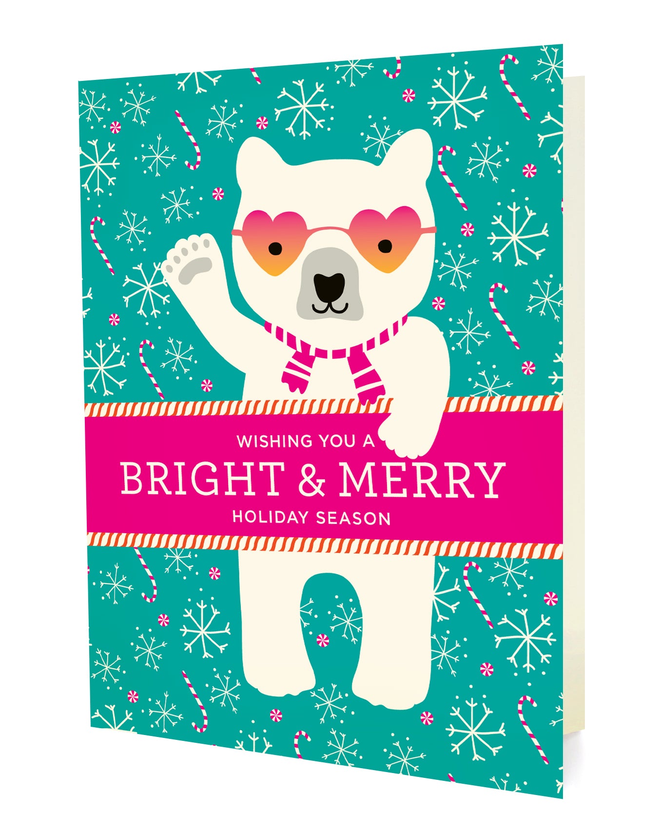 Front of holiday card with a polar bear wearing heart-shaped sunglasses and a scarf, surrounded by holiday decorations on a teal background with "Wishing You A Bright & Merry Holiday Season" text.