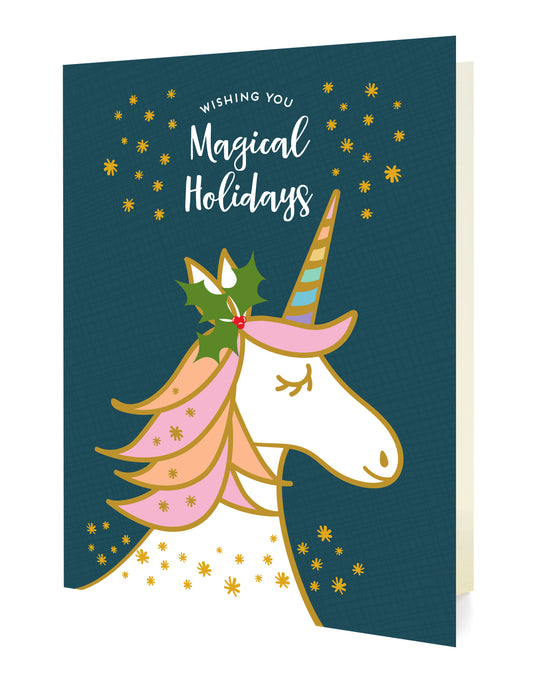 Card with a unicorn illustration and 'Wishing you Magical Holidays' text on a dark blue background.