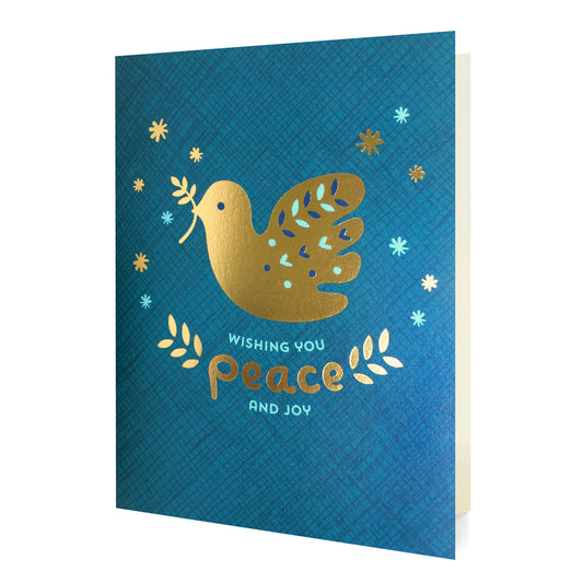 Blue holiday greeting card with a gold foil dove and text 'Wishing you peace and joy' 