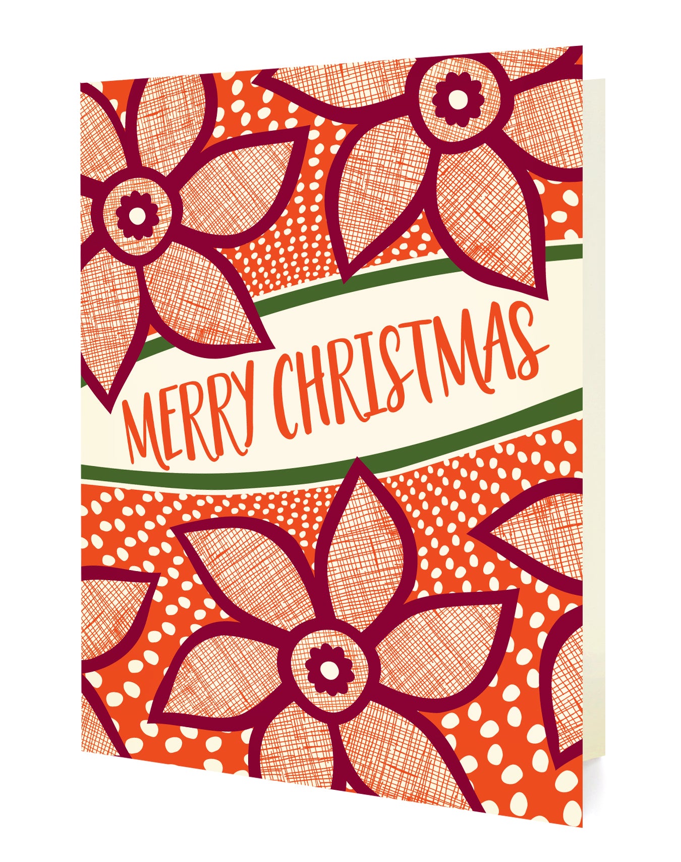 Front of folded holiday card with with red poinsettia floral design and "Merry Christmas" text on a cream background.