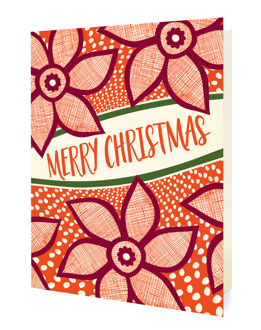 Front of folded holiday card with with red poinsettia floral design and "Merry Christmas" text on a cream background.