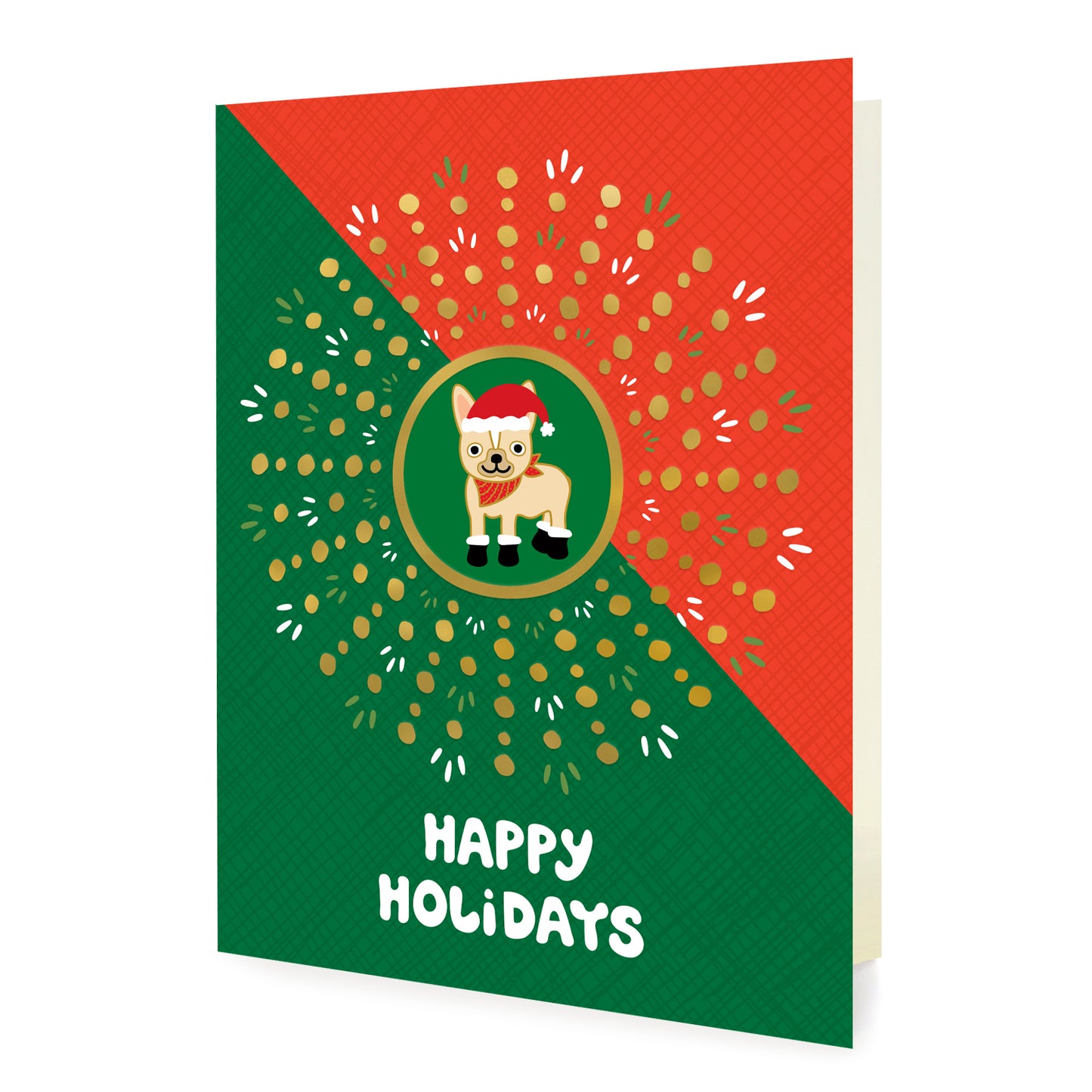 Christmas card with a dog wearing a Santa hat and 'Happy Holidays' text on a red and green background with gold foil accents