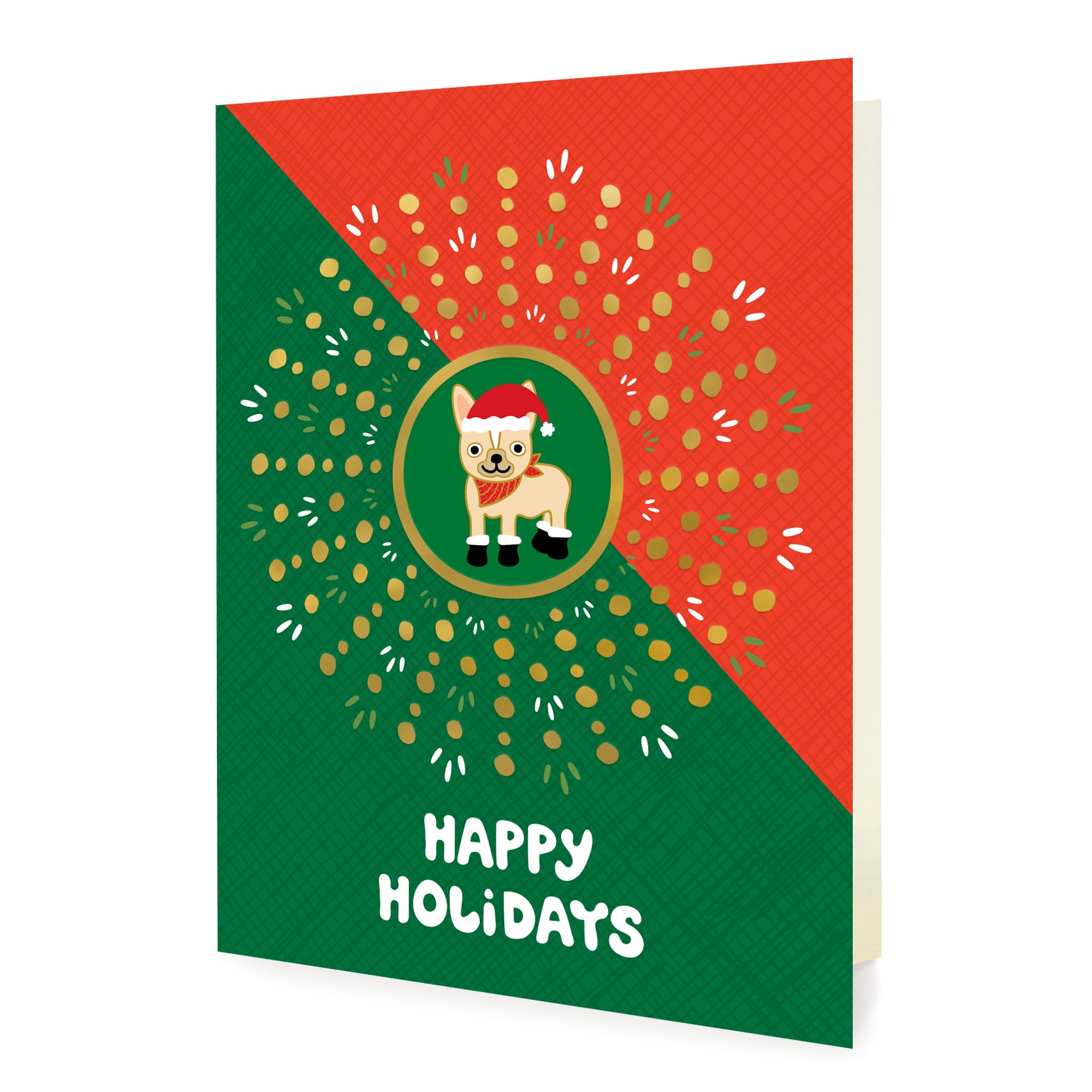 Christmas card with a dog wearing a Santa hat and 'Happy Holidays' text on a red and green background with gold foil accents