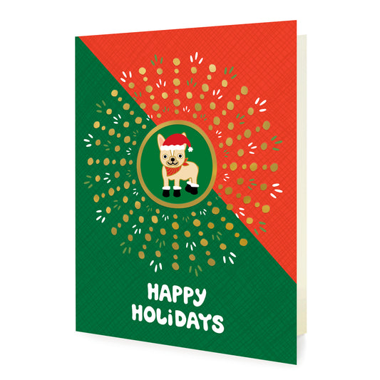 Christmas card with a dog wearing a Santa hat and 'Happy Holidays' text on a red and green background with gold foil accents