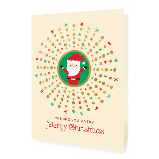 Christmas card with Santa Claus illustration, gold foil details and festive text on a soft white background