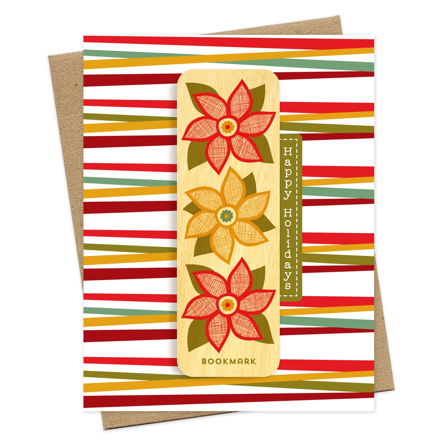 Folded holiday greeting card with colorful red, green and gold stripes, “Happy Holidays” text and a removable birch wood bookmark featuring three red and gold poinsettia flowers. Pictured with a kraft envelope.