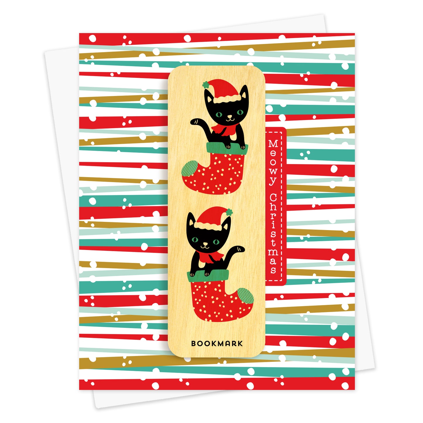 Folded Christmas greeting card with colorful red, green and gold striped background, “Meowy Christmas” text and a removable birch wood bookmark featuring two black cats in red Christmas stockings. Pictured with a white envelope.