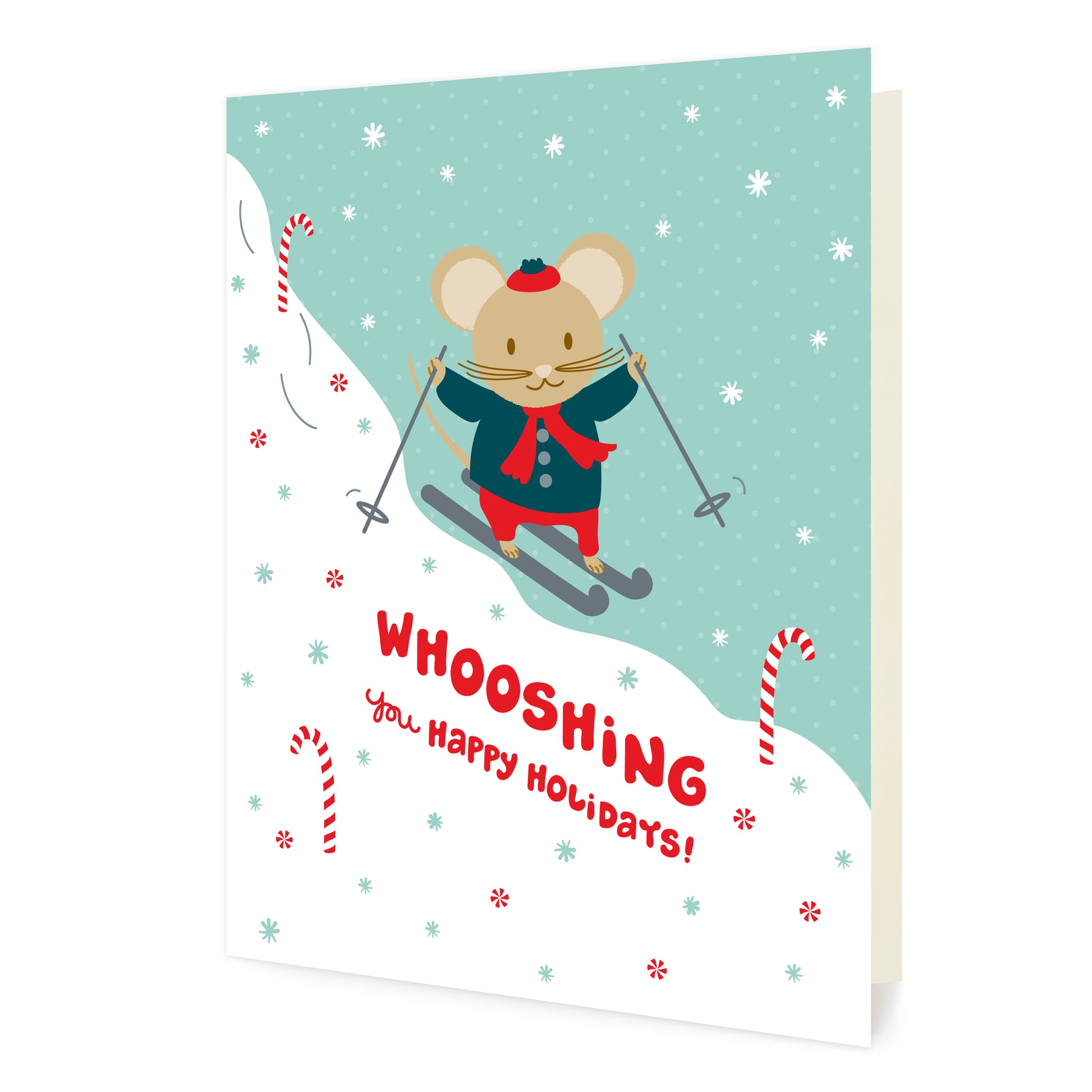 Skiing Mouse folded holiday greeting card featuring an illustrated mouse skiing through a snowy scene with falling snowflakes, candy canes and a “Whooshing You Happy Holidays!” greeting.