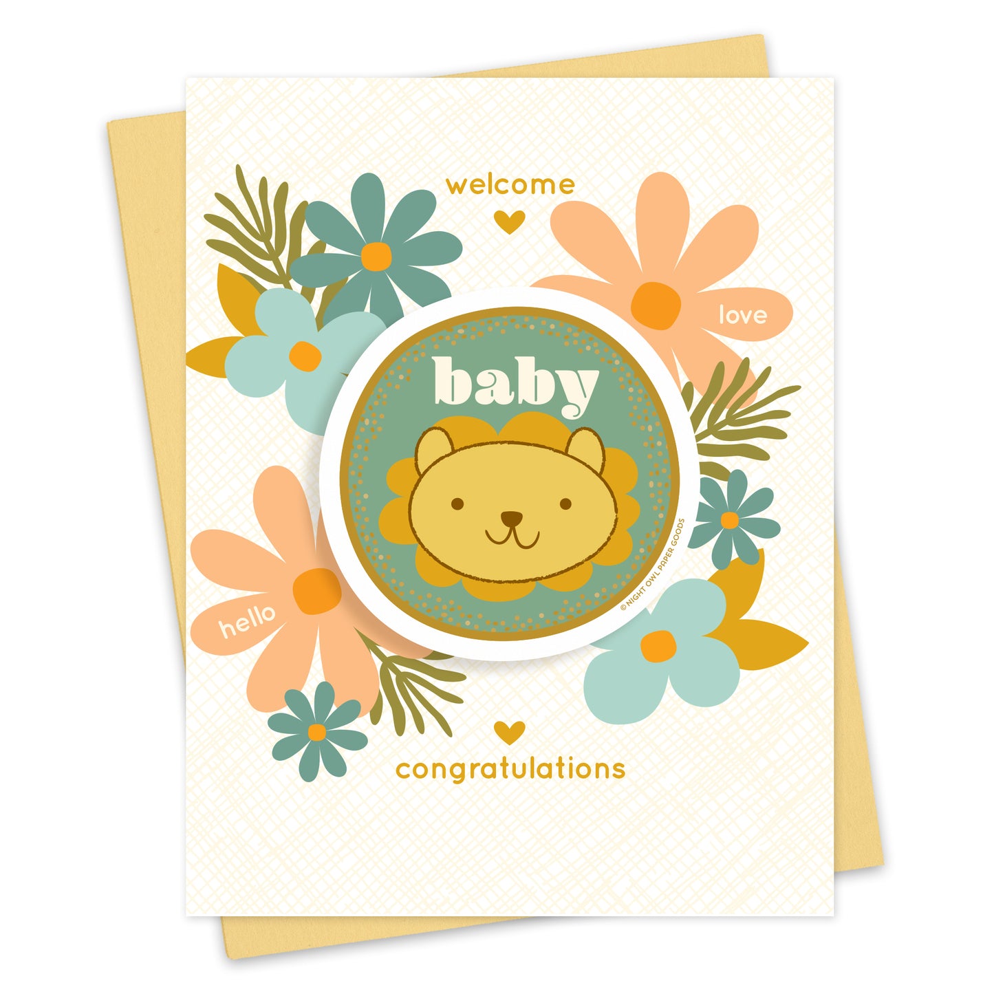 Front of baby shower greeting card with a removable Baby lion vinyl sticker and "Welcome, Congratulations" text surrounded by pastel hearts and flowers on a white background. Shown with a light yellow envelope.