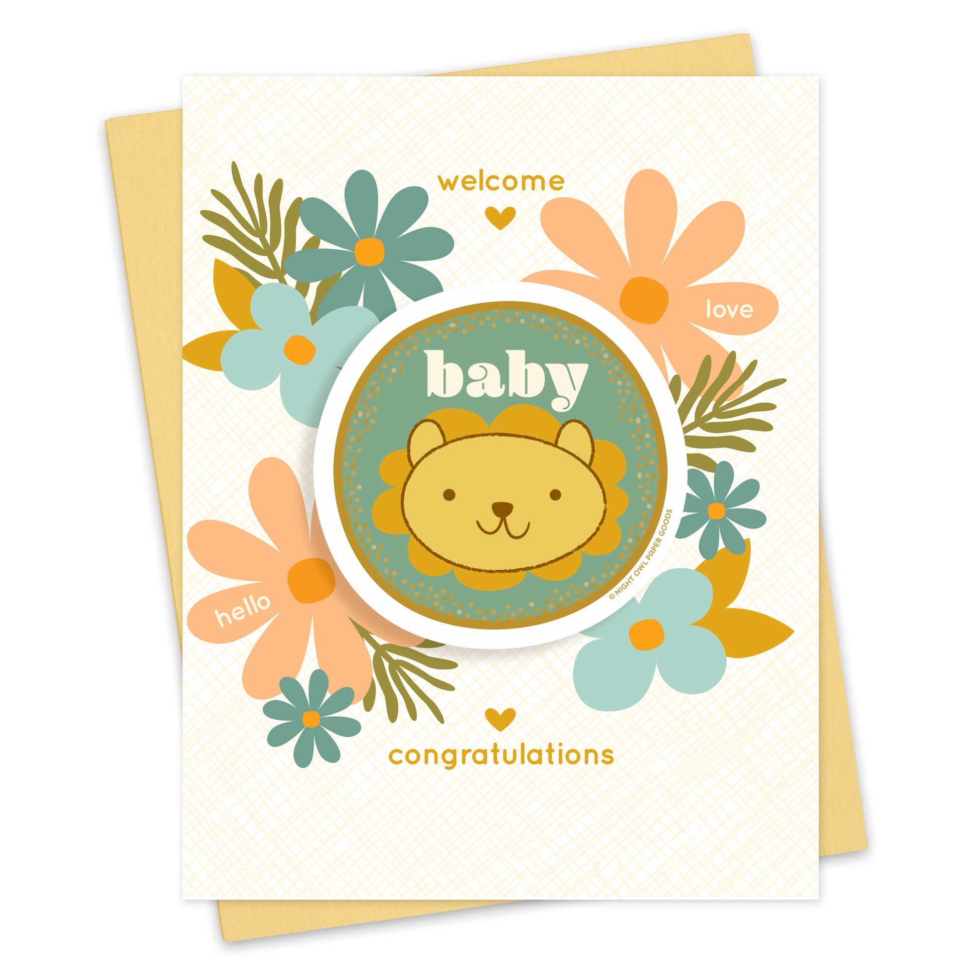 Front of baby shower greeting card with a removable Baby lion vinyl sticker and "Welcome, Congratulations" text surrounded by pastel hearts and flowers on a white background. Shown with a light yellow envelope.