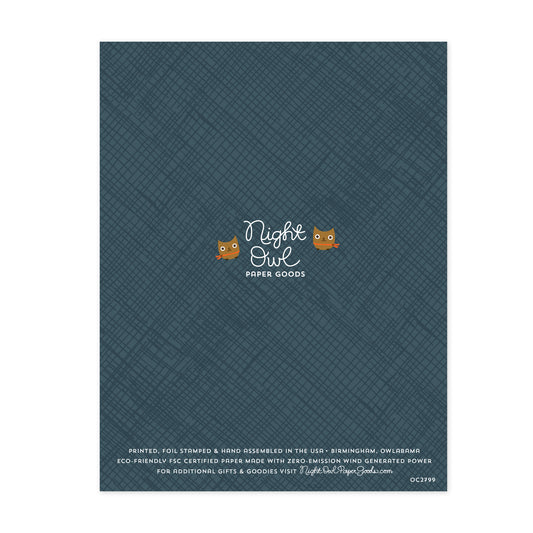Back of card with Night Owl Paper Goods logo and owls on a blue crosshatch background.  Text at bottom reads "Printed, foil stamped & hand assembled in the USA. Birmingham, Owlabama. Eco-friendly FSC certified paper made with zero-emission wind generated power.