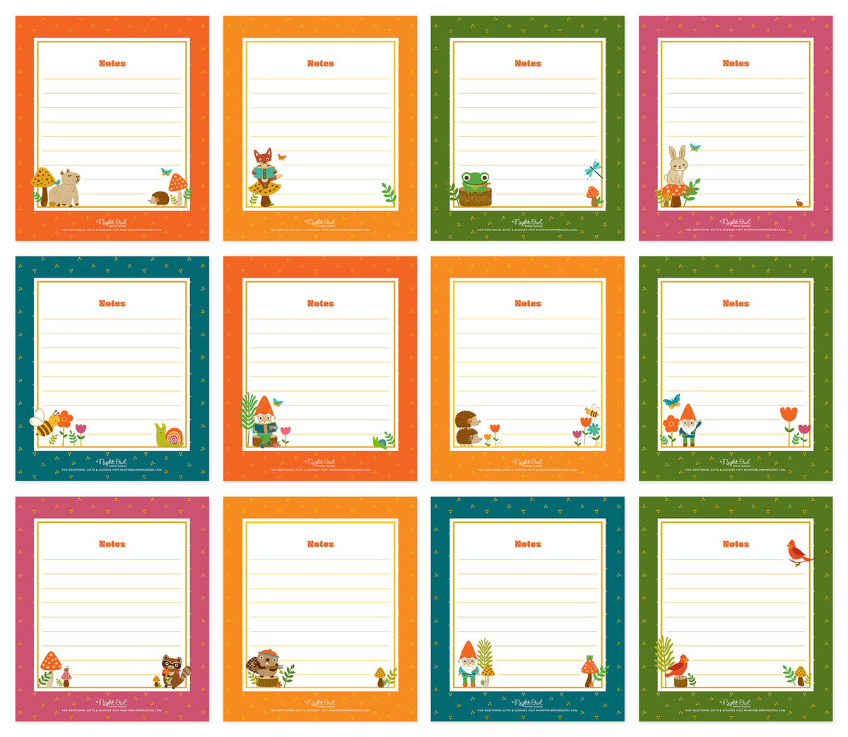 Layout of the backs of all 2027 Forest Friends Woodland Animals & Gnomes Desk Calendar pages showing the lined notes pages for all 12 months, each decorated with a coordinating woodland animal or forest illustration.