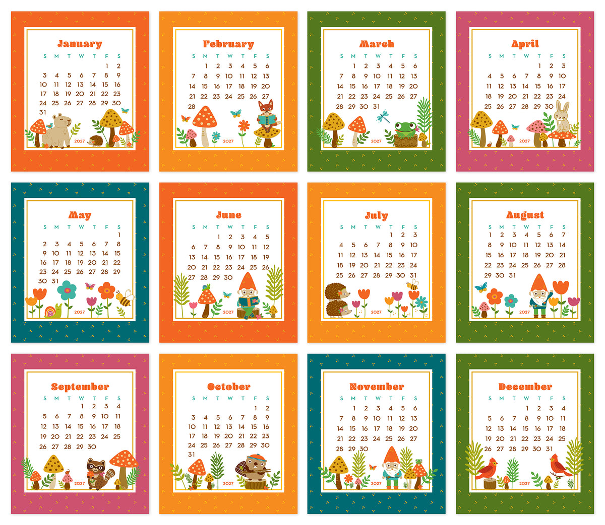 Layout of all 2027 Forest Friends Woodland Animals & Gnomes Desk Calendar pages showing all 12 monthly pages with colorful woodland animals, gnomes, mushrooms, flowers and bright borders.