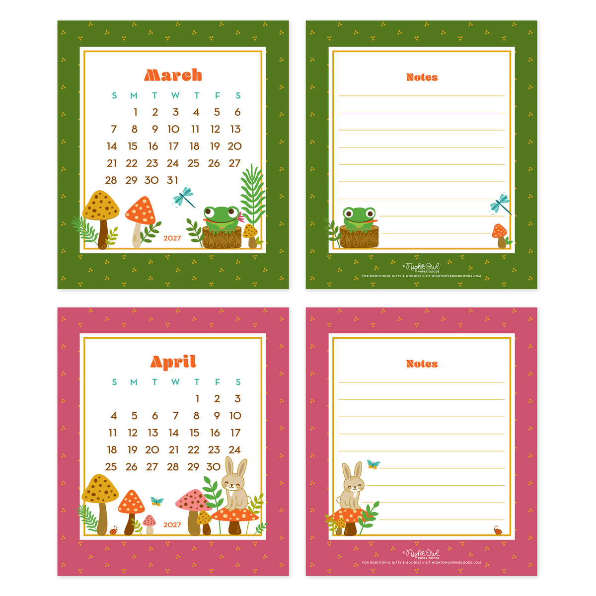 March and April 2027 Forest Friends Woodland Animals & Gnomes Desk Calendar pages. March features a cheerful frog sitting on a log surrounded by mushrooms, plants and a dragonfly, with a green border. April features a bunny sitting on a mushroom surrounded by colorful mushrooms, flowers and butterflies, with a pink border. The back of each month features a corresponding illustration and lines for notes.