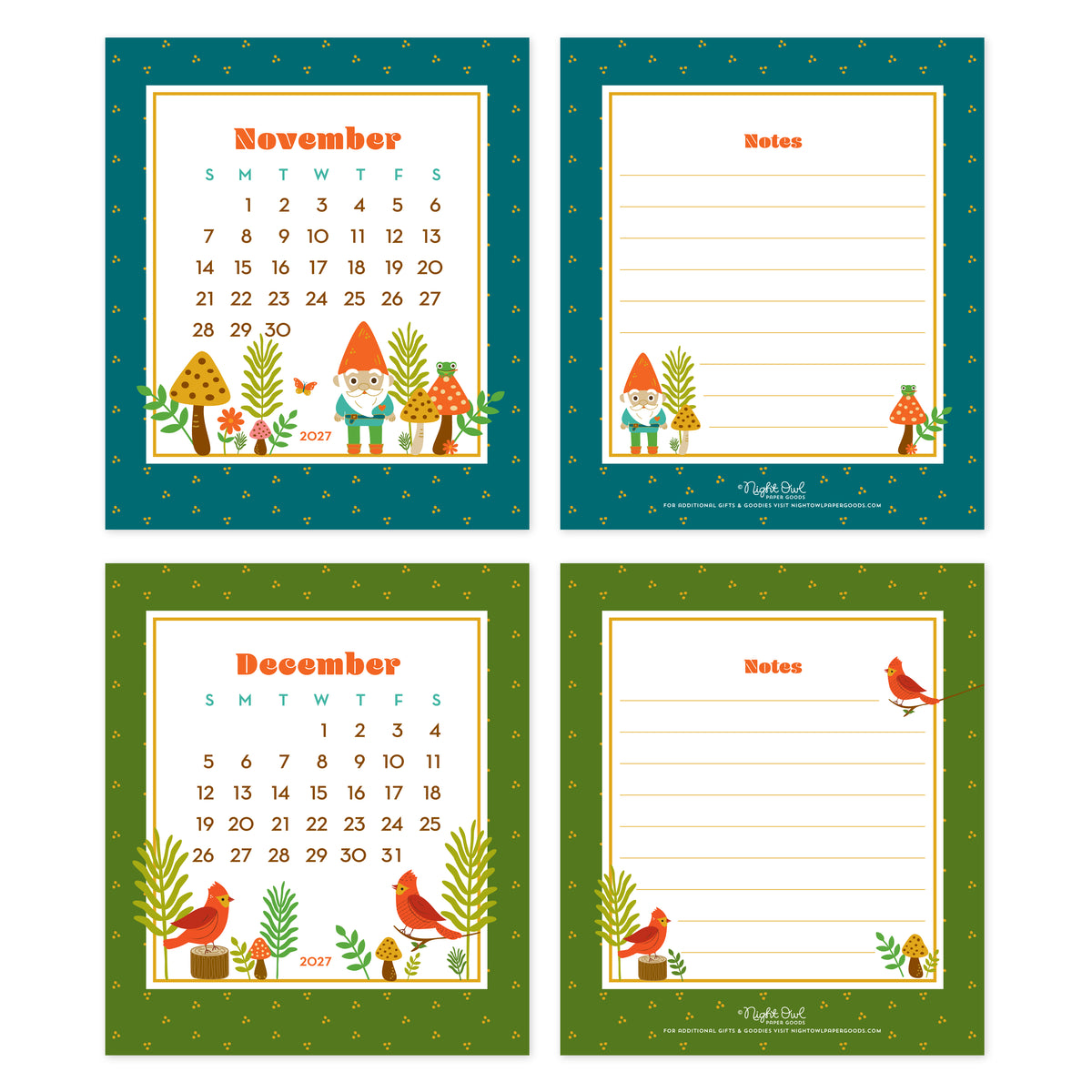 November and December 2027 Forest Friends Woodland Animals & Gnomes Desk Calendar pages. November features a cheerful gnome surrounded by mushrooms, plants and a tiny frog, with a teal border. December features colorful cardinals surrounded by woodland plants and mushrooms, with a green border. The back of each month features a corresponding illustration and lines for notes.