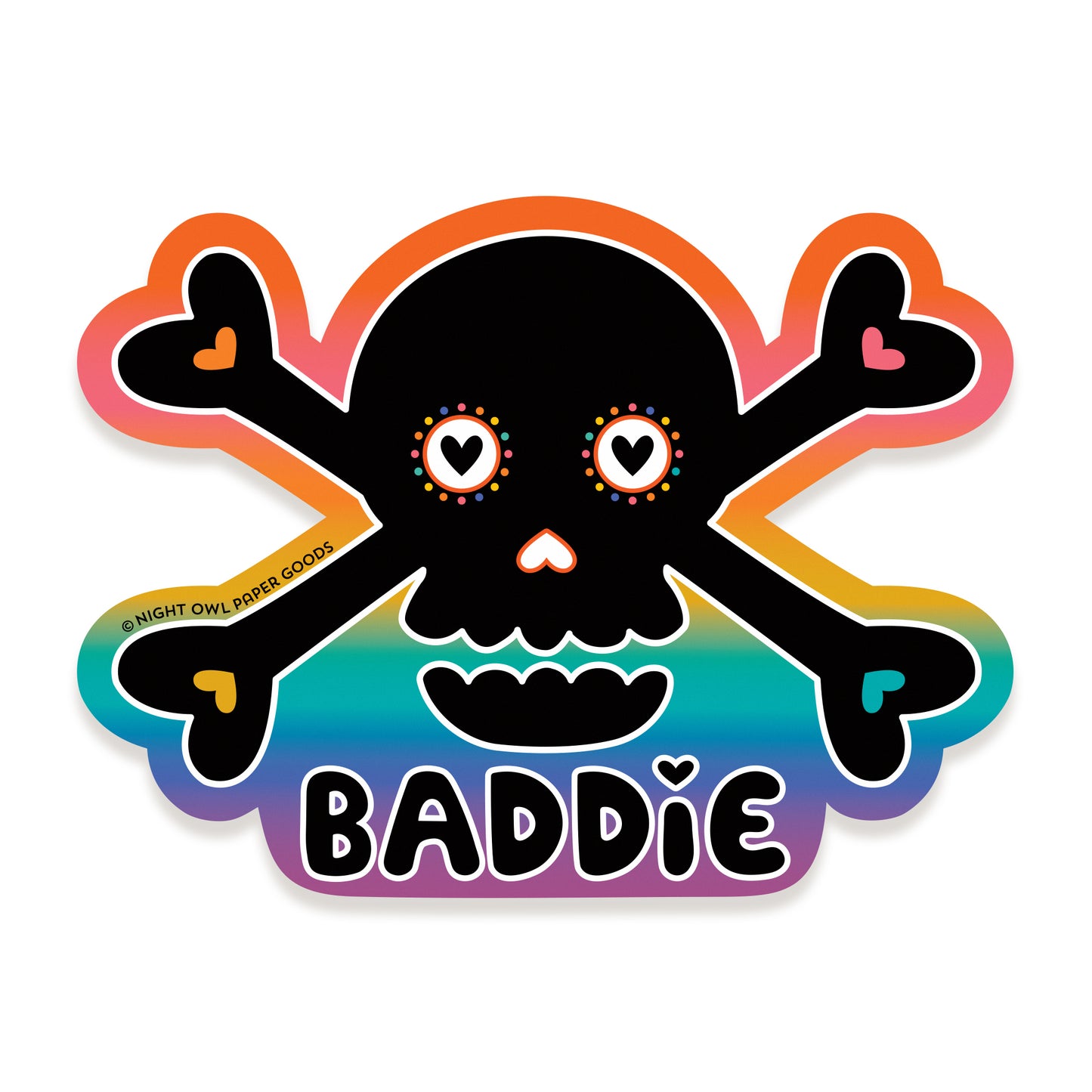 Sticker with a black skull and crossbones design on a rainbow gradient background, featuring the word "BADDIE."