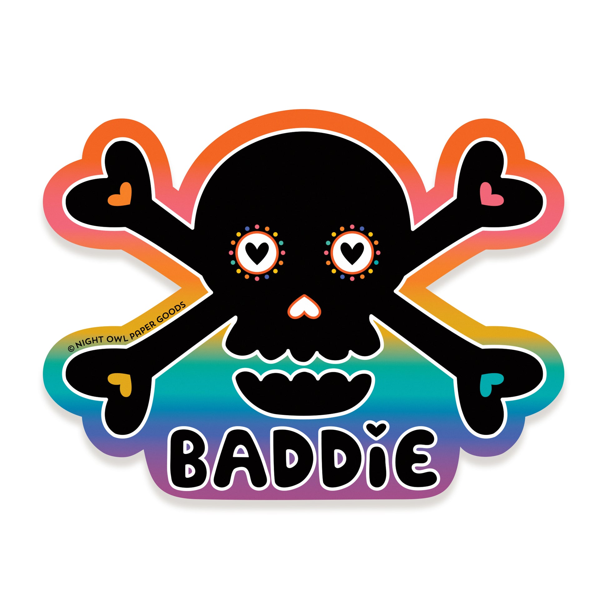 Sticker with a black skull and crossbones design on a rainbow gradient background, featuring the word "BADDIE."