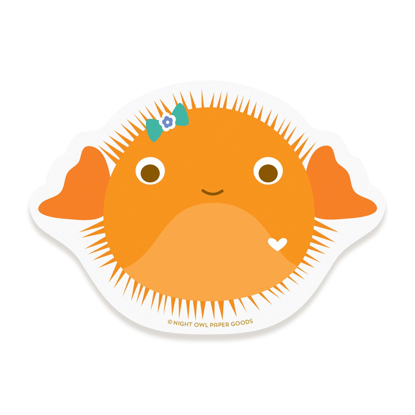 Vinyl sticker featuring an orange puffer fish with a bow on a white background.