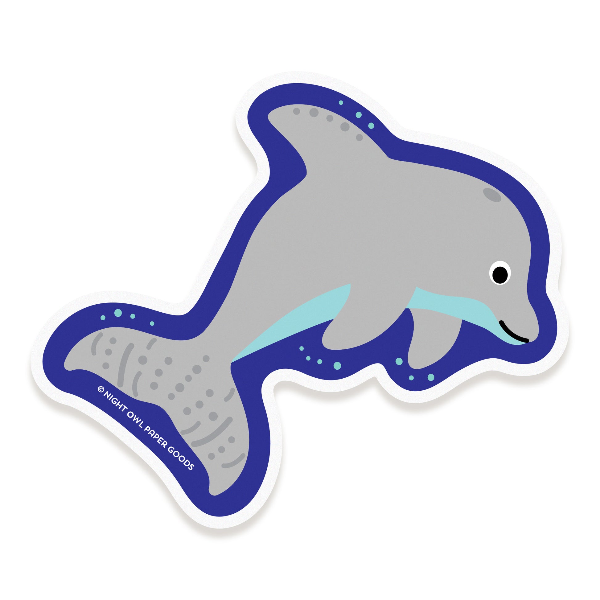 Vinyl sticker of a grey dolphin with a blue outline.