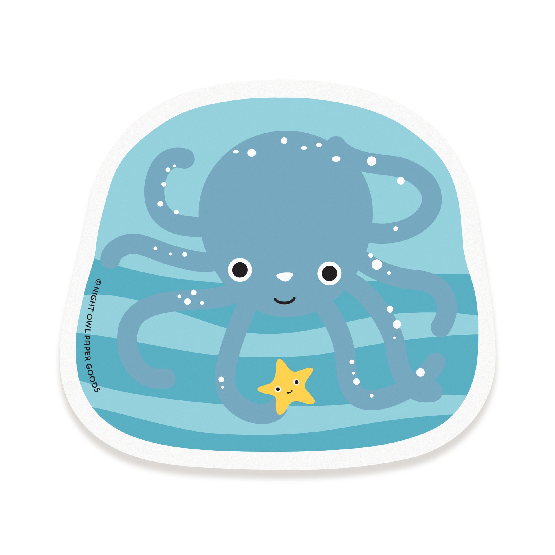 Smiling blue octopus vinyl sticker swimming underwater with a small yellow starfish.