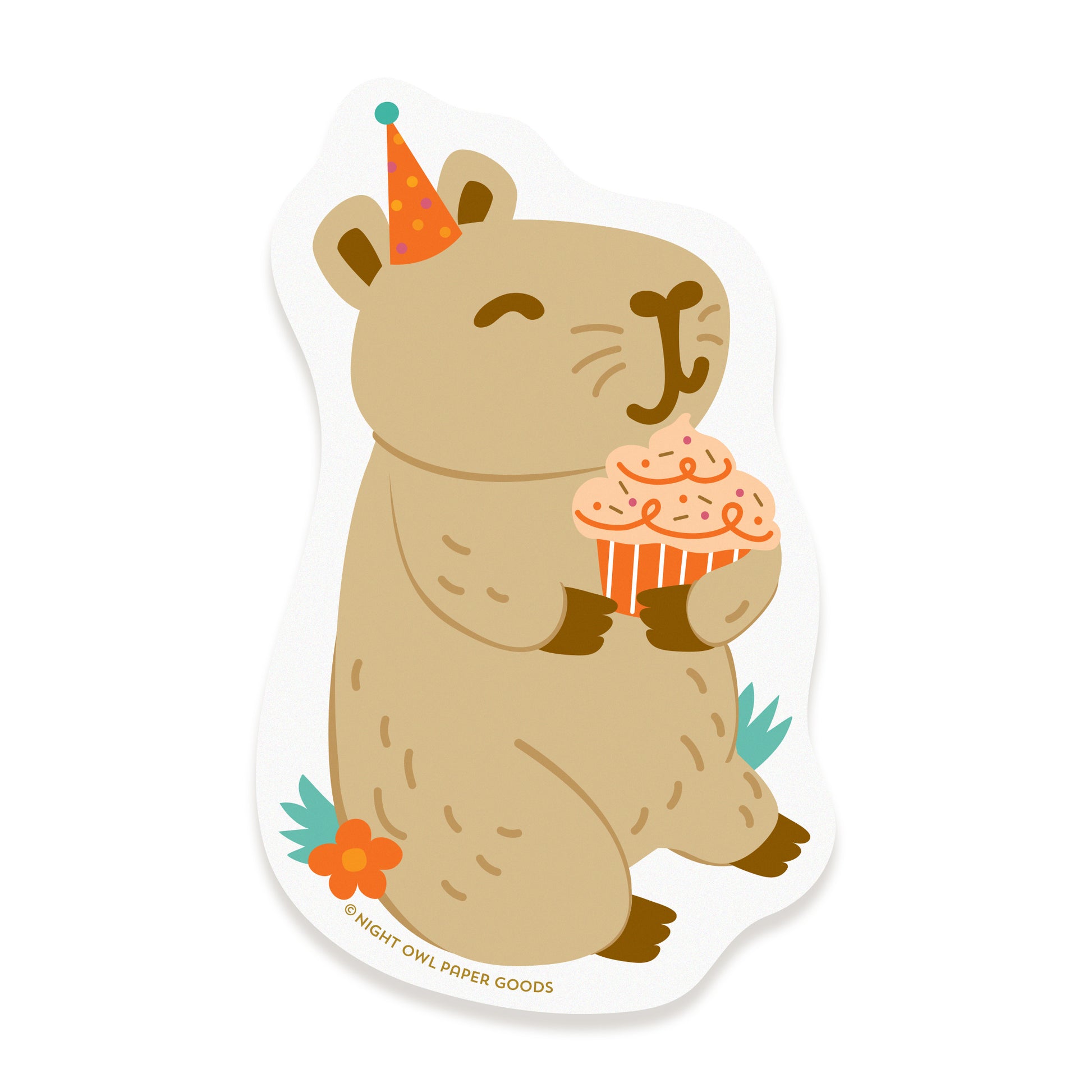 Cute capybara vinyl sticker wearing a colorful party hat and holding a frosted cupcake.