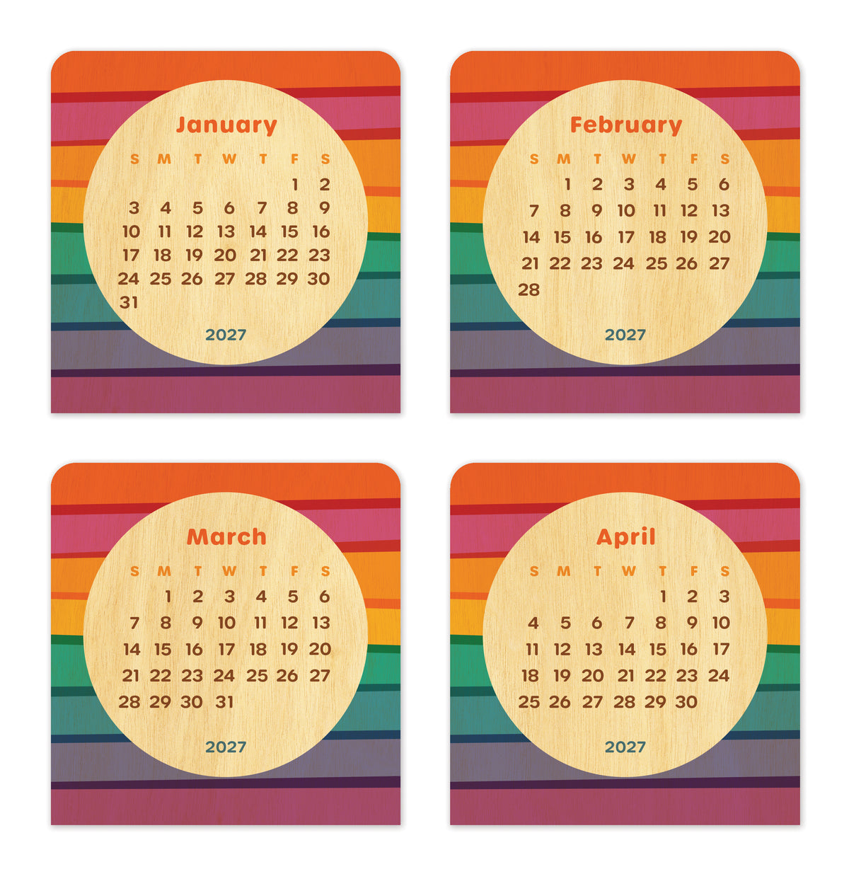 Birch wood mini desk calendar featuring bold horizontal rainbow stripes surrounding a natural birch wood circle with the month and dates. January, February, March and April 2027 calendar pages are shown.