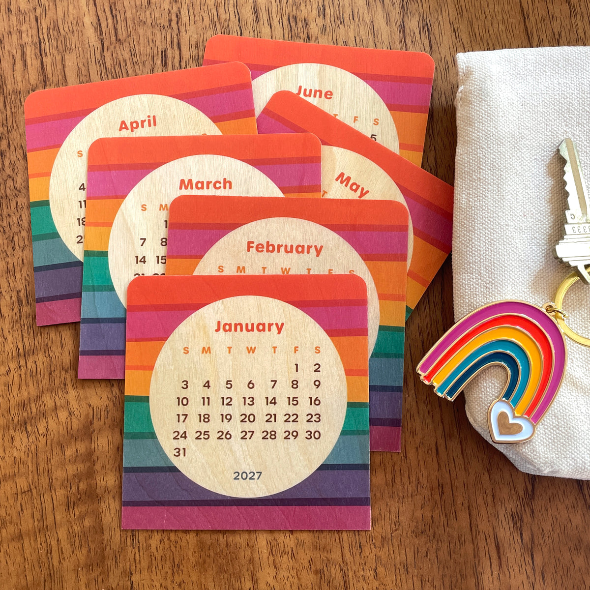 2027 Rainbow Stripes Mini Wood Desk Calendar