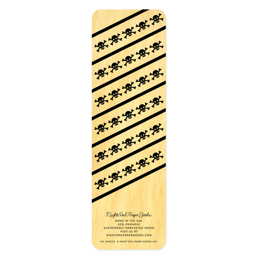 Back side of Bad Ass wood bookmark features black skull and line pattern