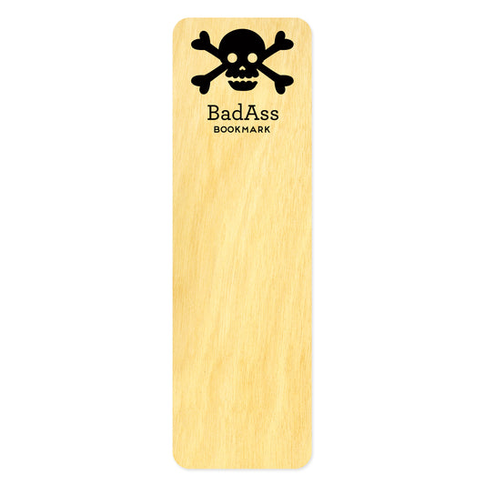 Wooden bookmark with cute skull design and 'BadAss Bookmark' text 