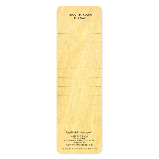 Back side of wood bookmark featuring text that reads ' Thoughts along the way' with lines to write on.