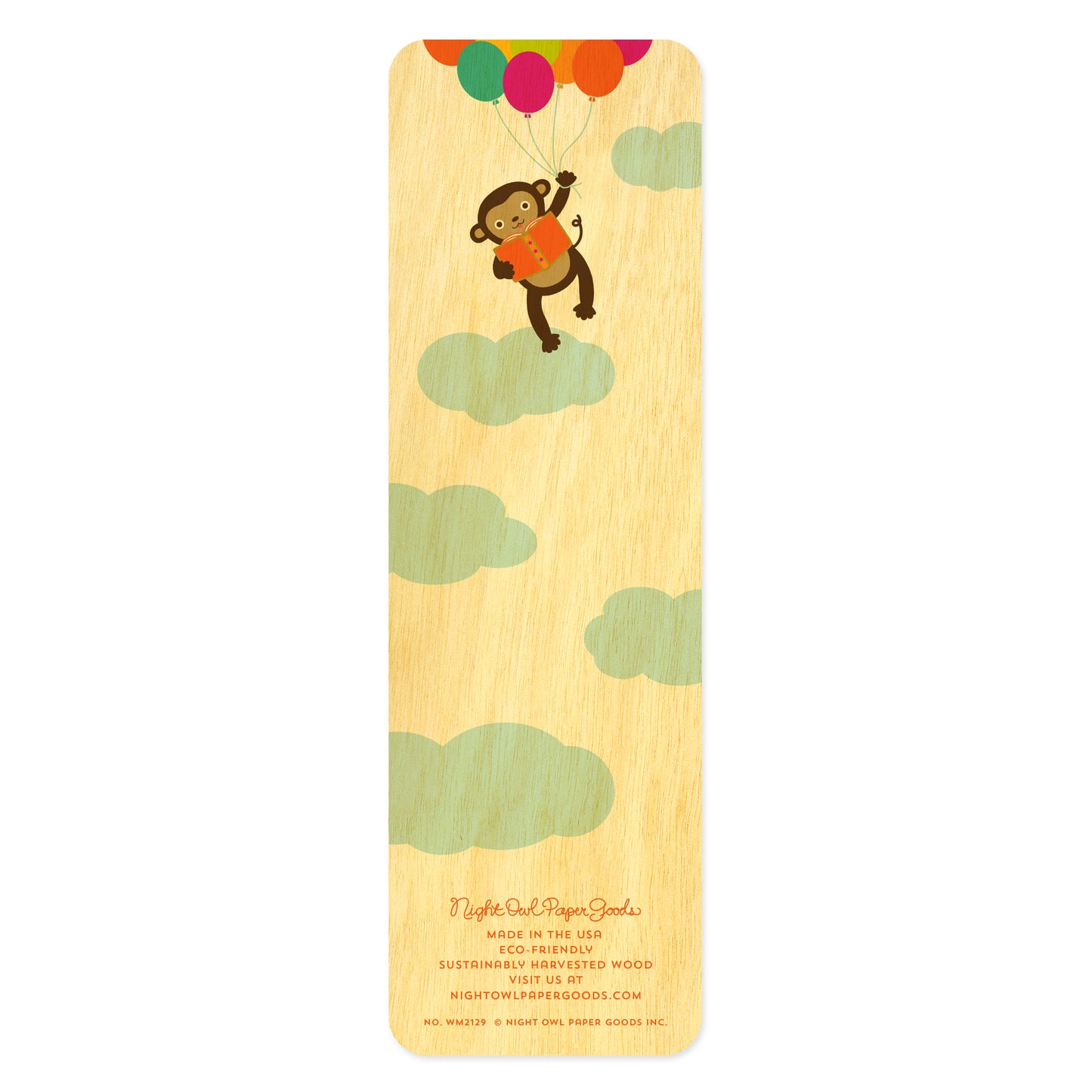 Back side of wooden bookmark with a monkey design holding balloons