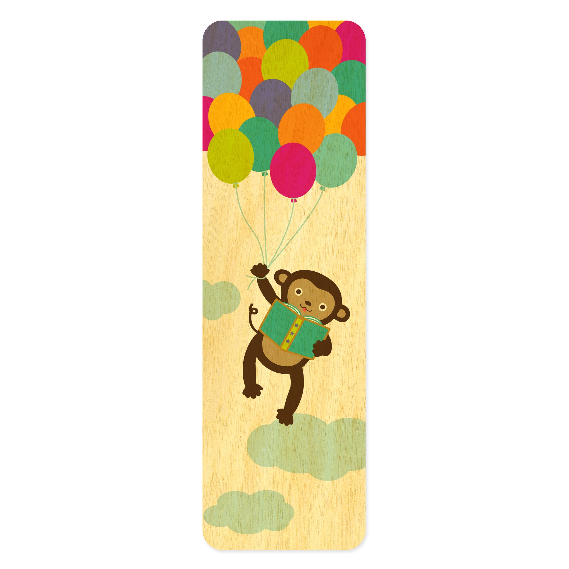 Wood bookmark with monkey reading a green book and holding many colorful balloons while flying in the sky