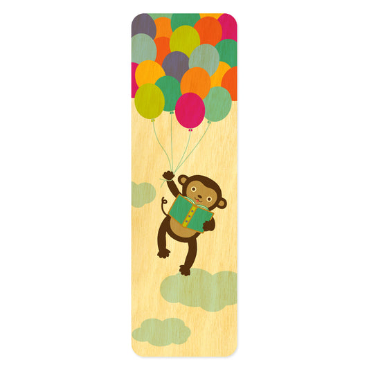 Wood bookmark with monkey reading a green book and holding many colorful balloons while flying in the sky