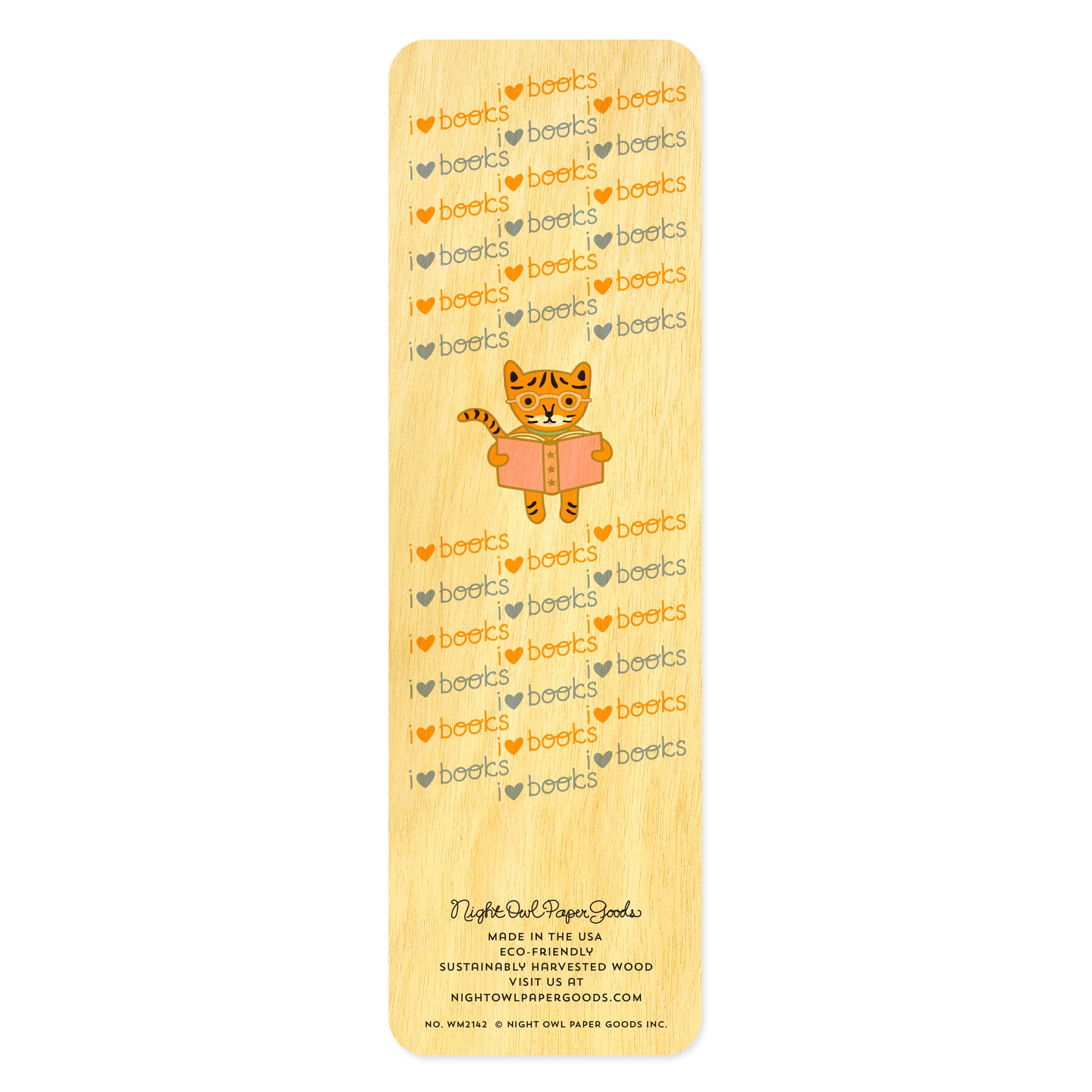 Back of wooden bookmark with cute cartoon tiger design wearing glasses and reading a book. Text pattern reads 'I heart books'