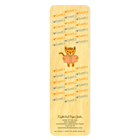 Back of wooden bookmark with cute cartoon tiger design wearing glasses and reading a book. Text pattern reads 'I heart books'