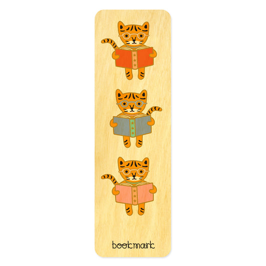 Wooden bookmark with cute cartoon tiger design wearing glasses and reading books
