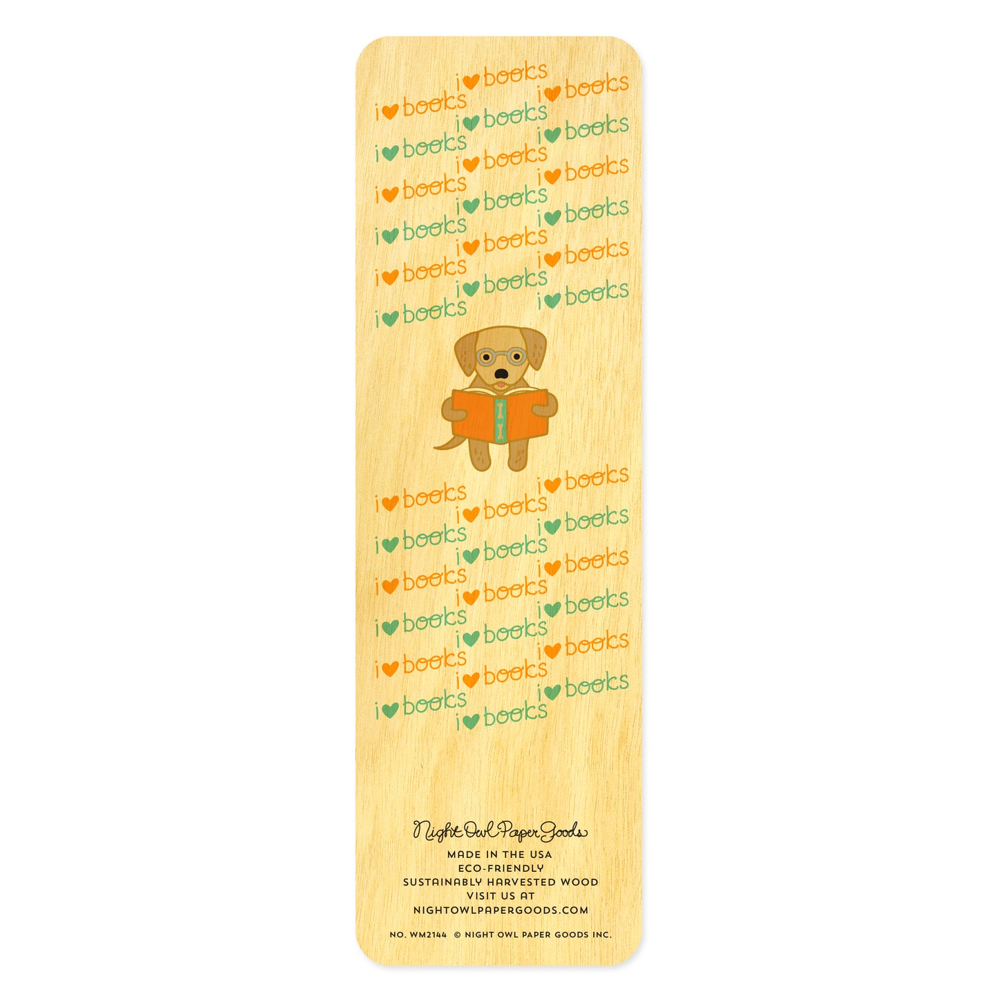 Back side of wooden bookmark with a cute dog reading a book illustration and 'I love books' text 