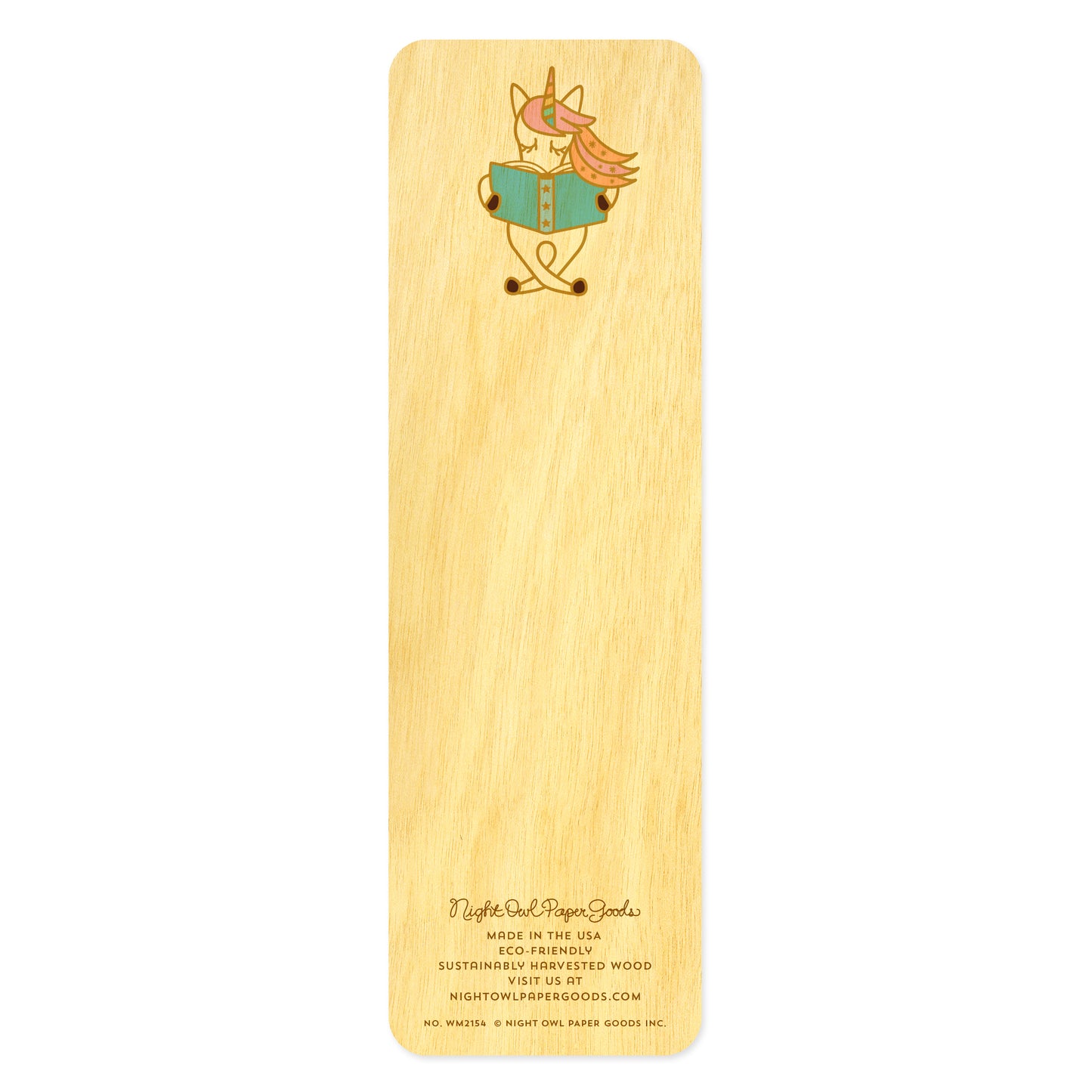 Back side of wooden bookmark with a cute unicorn reading a book