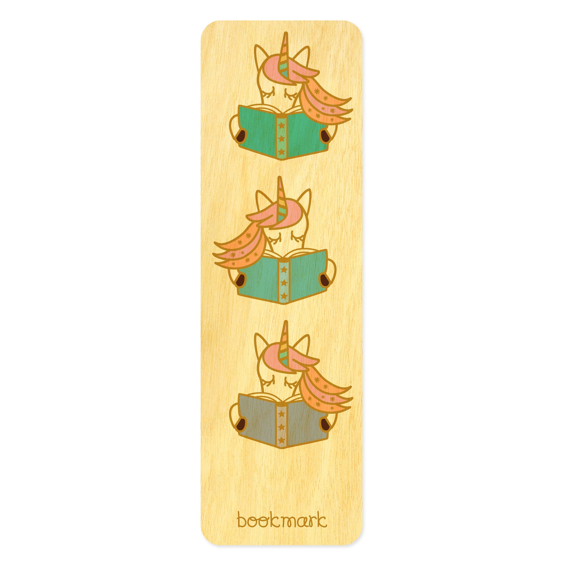 Wooden bookmark with cute unicorns reading pastel color books