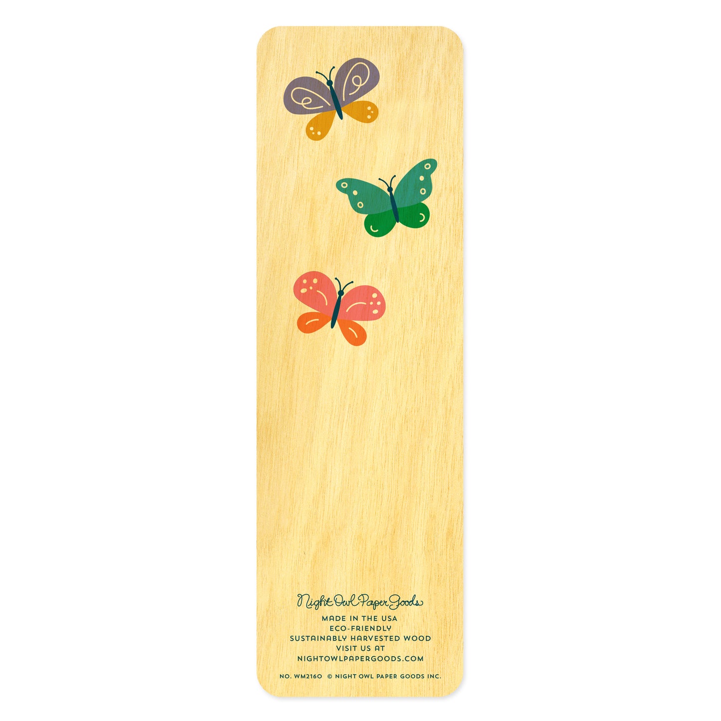 Back side of wooden bookmark with colorful butterfly designs 