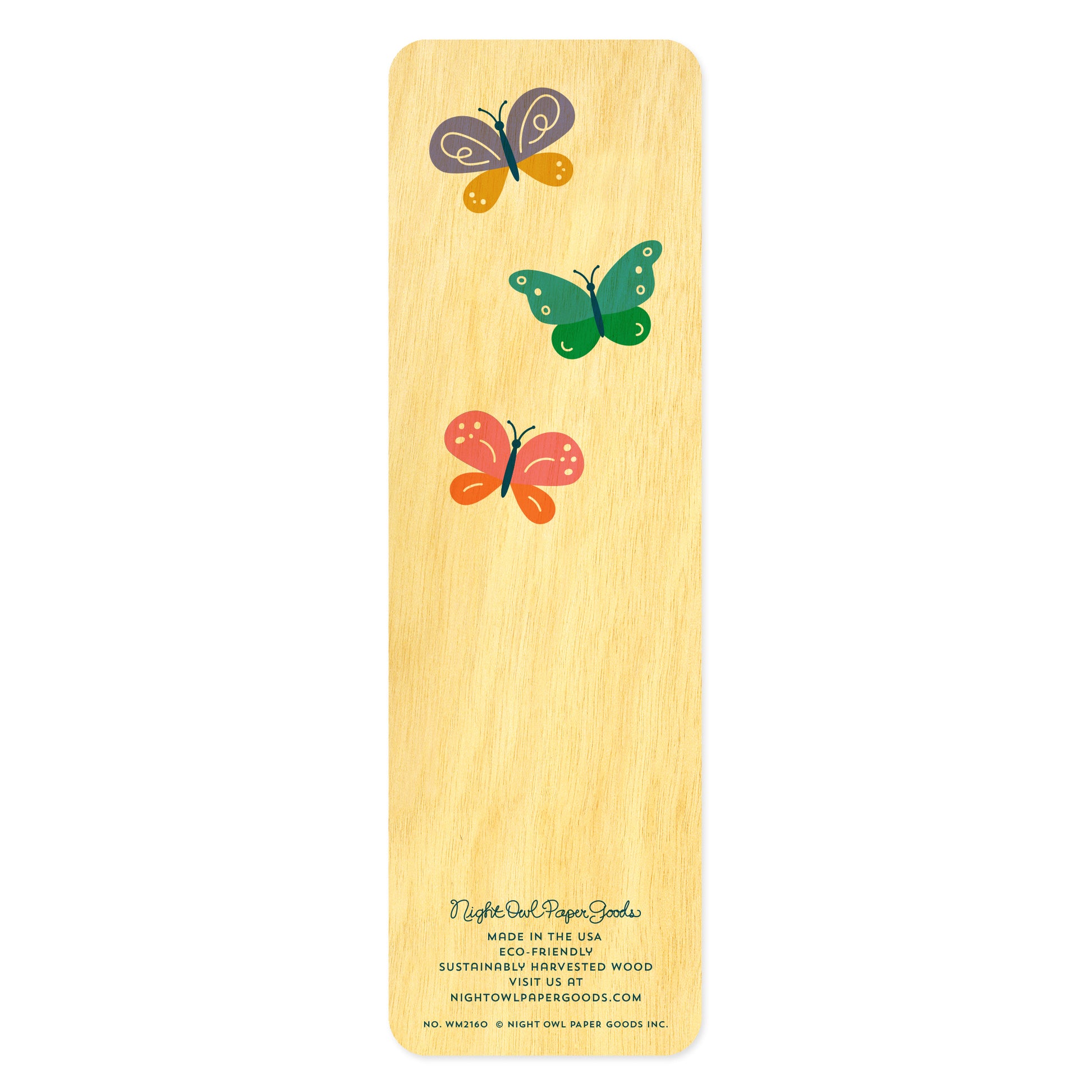 Back side of wooden bookmark with colorful butterfly designs 